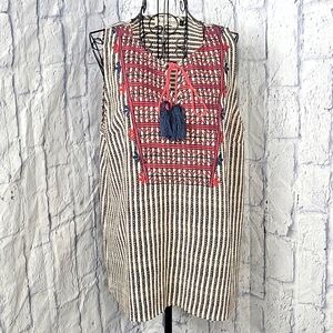 B. ORIGINAL Blue and Red Embroidered Tie Neck Bohemian Women's‎ Blouse Large